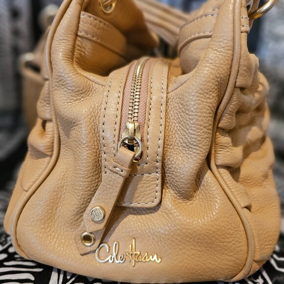 COLE HAAN Ruched Pebble leather top zip East West Shoulder Bag Beige w gold hw - Picture 12 of 13